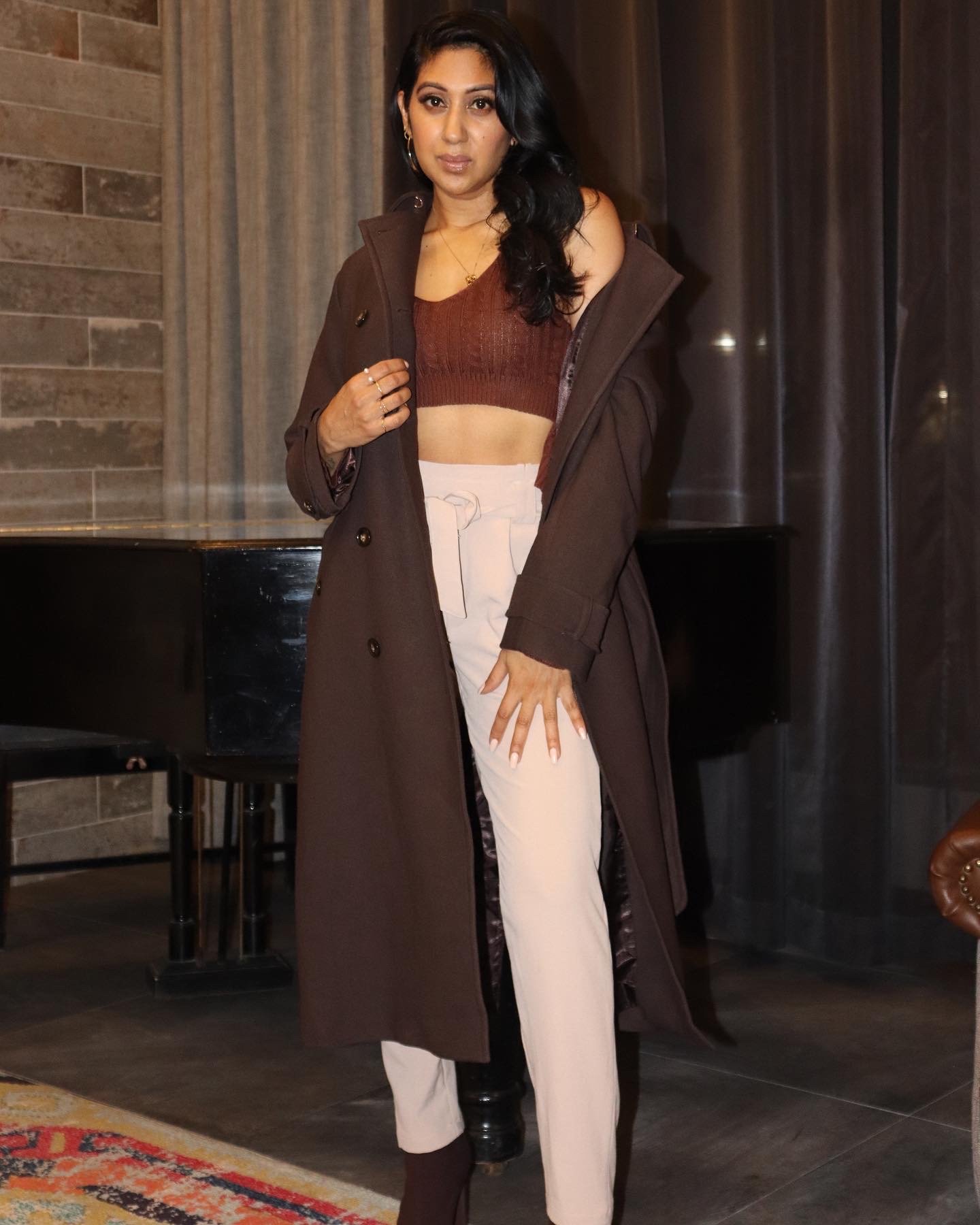 Brown Jacket with Cream Pants